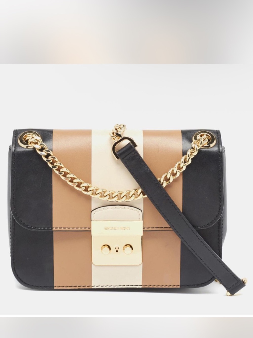 Michael Kors Black Tan Cream Striped Leather Chain Crossbody